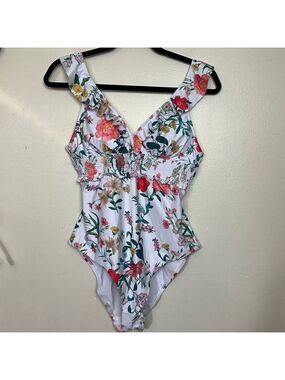SHEKINI Tropical Floral Ruffle Deep V-Neck One Piece Shirred Swimsuit
